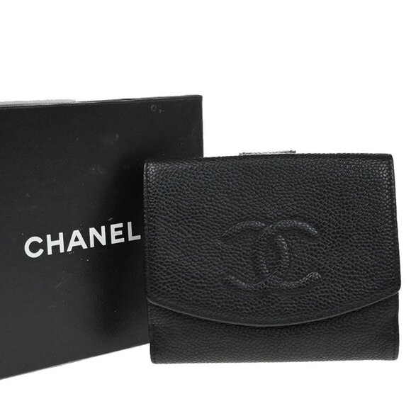 CHANEL CC Logo Bifold Compact Wallet Grained Calfskin Leather Black 83RF502 - Picture 1 of 13